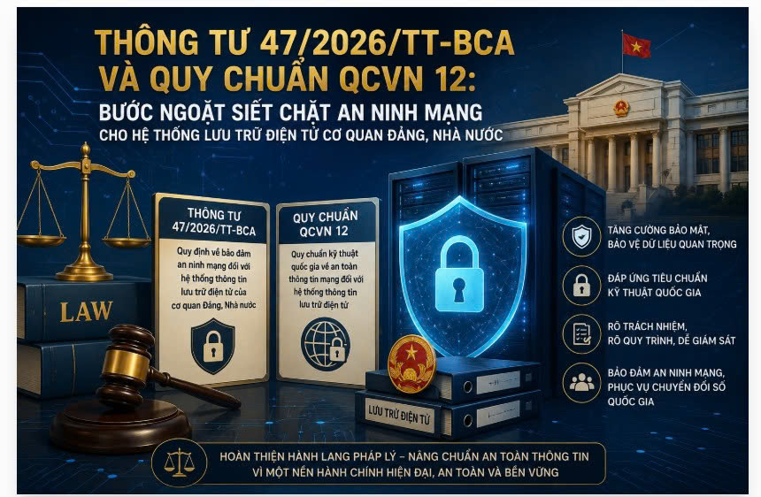 Thông tư 47/2026/TT-BCA và quy chuẩn QCVN 12: Bước ngoặt siết chặt an ninh mạng cho hệ thống lưu trữ điện tử cơ quan Đảng, Nhà nước Thông tư 47/2026/TT-BCA và quy chuẩn QCVN 12: Bước ngoặt siết chặt an ninh mạng cho hệ thống lưu trữ điện tử cơ quan Đảng, Nhà nước